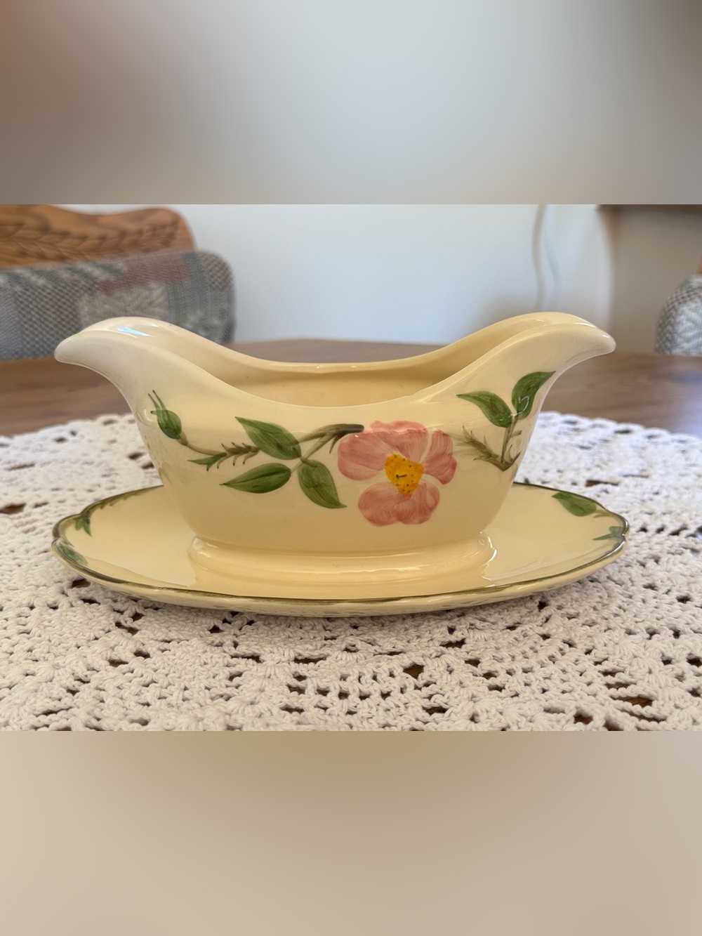vintage Franciscan Desert Rose gravy boat with an attached underplate